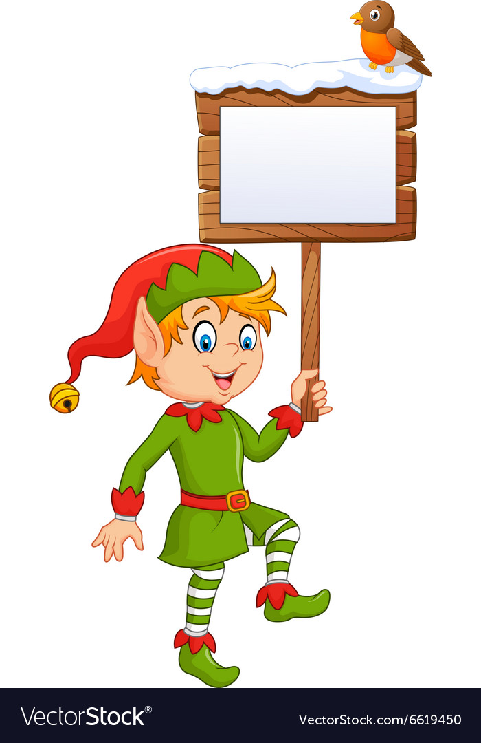 Cartoon funny elf boy holding blank sign