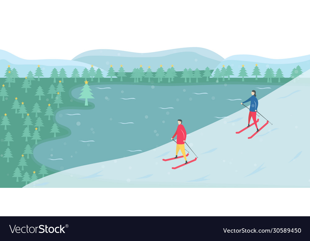 Romantic adults couple play ski character design