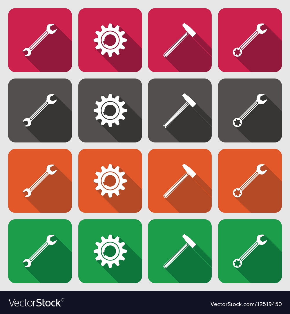 Tools icons set cogwheel gear hammer wrench