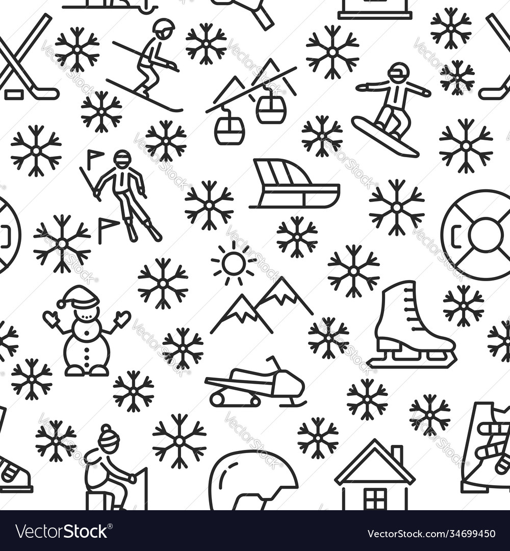 Winter fun seamless pattern with flat line icons