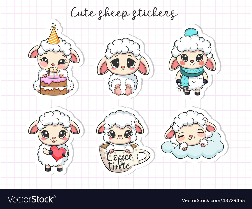 Cute sheep sticker sheet animal in cartoon style Vector Image