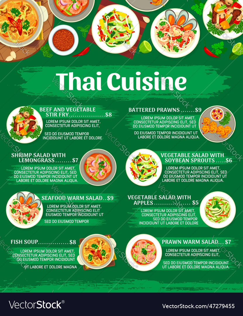 Thai cuisine restaurant menu template Royalty Free Vector