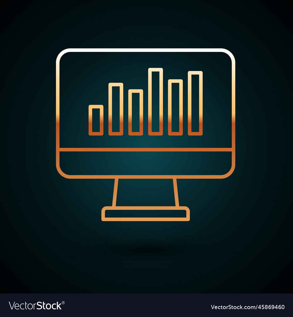 Gold line computer monitor with graph chart icon vector image Gold line computer monitor with graph chart icon