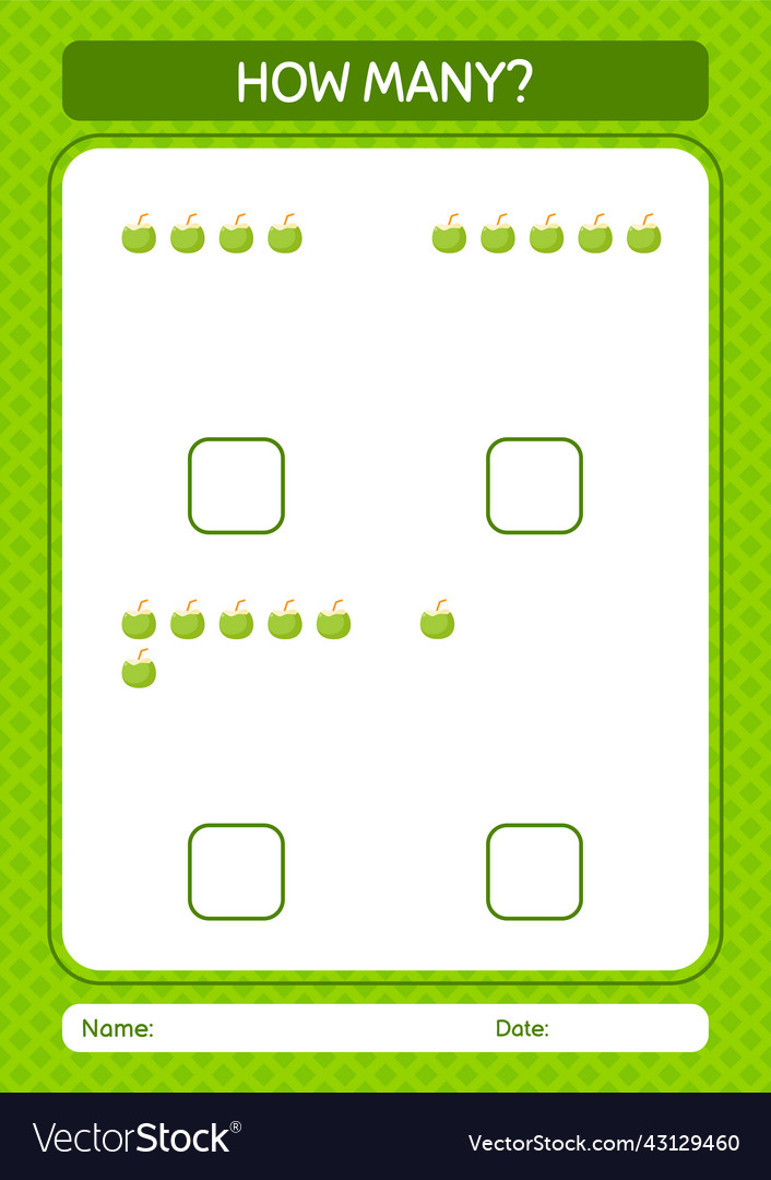 How many counting game with coconut worksheet vector image How many counting game with coconut worksheet