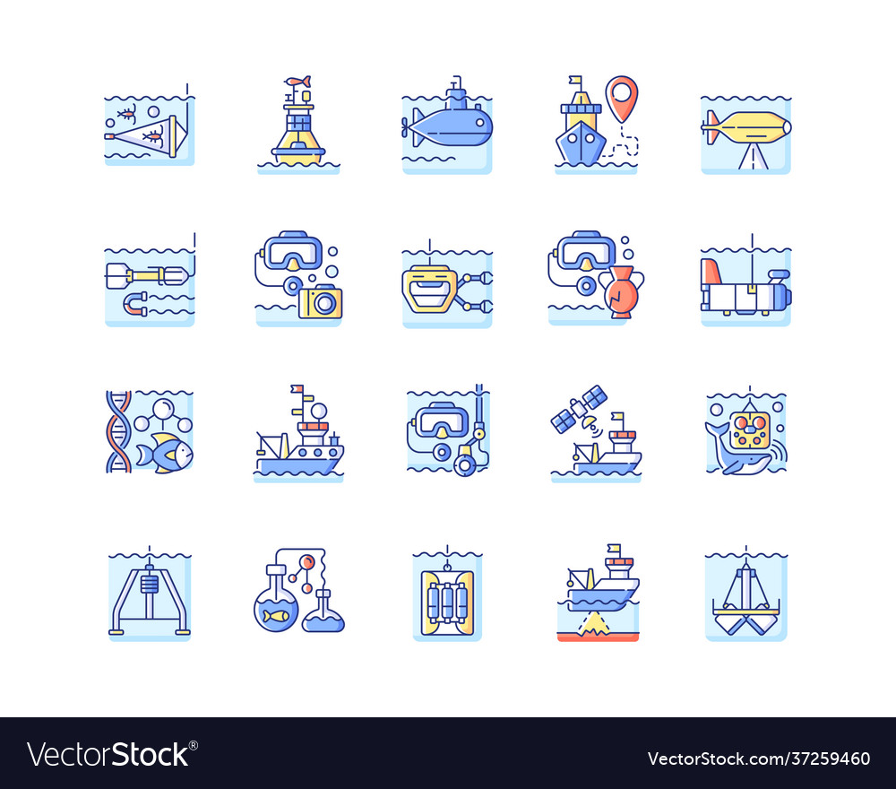 Marine exploration rgb color icons set