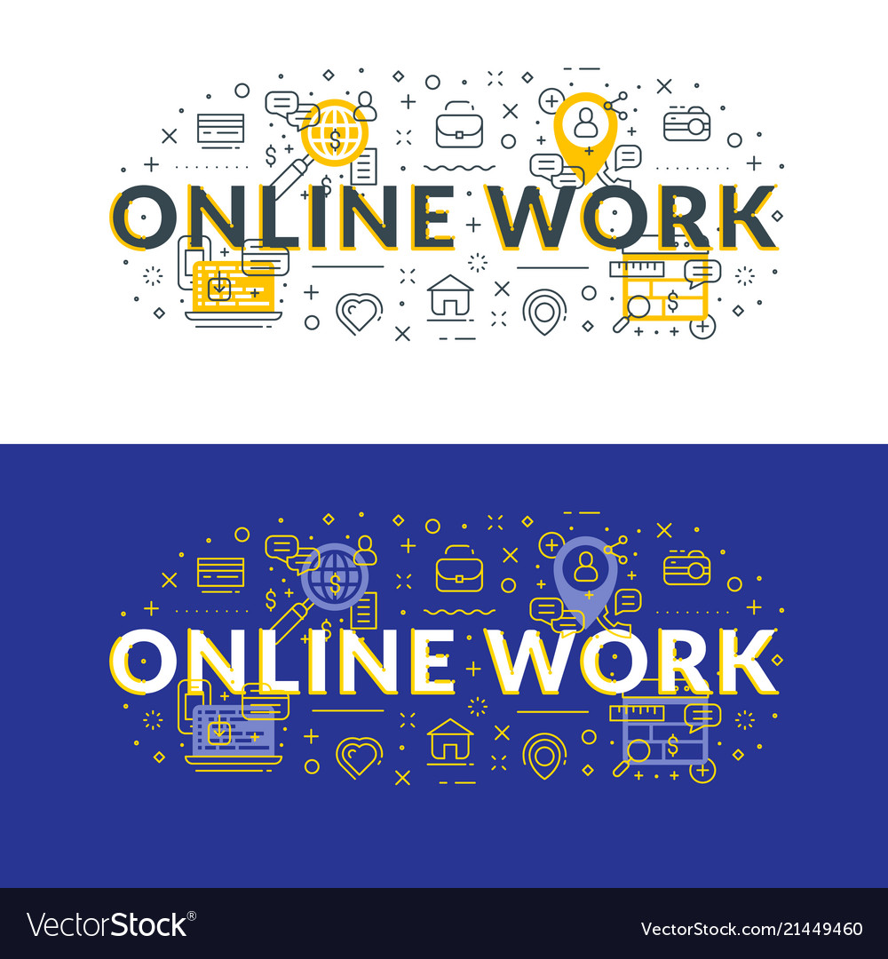 Online Work Flat Line Concept For Web Banner And Vector Image
