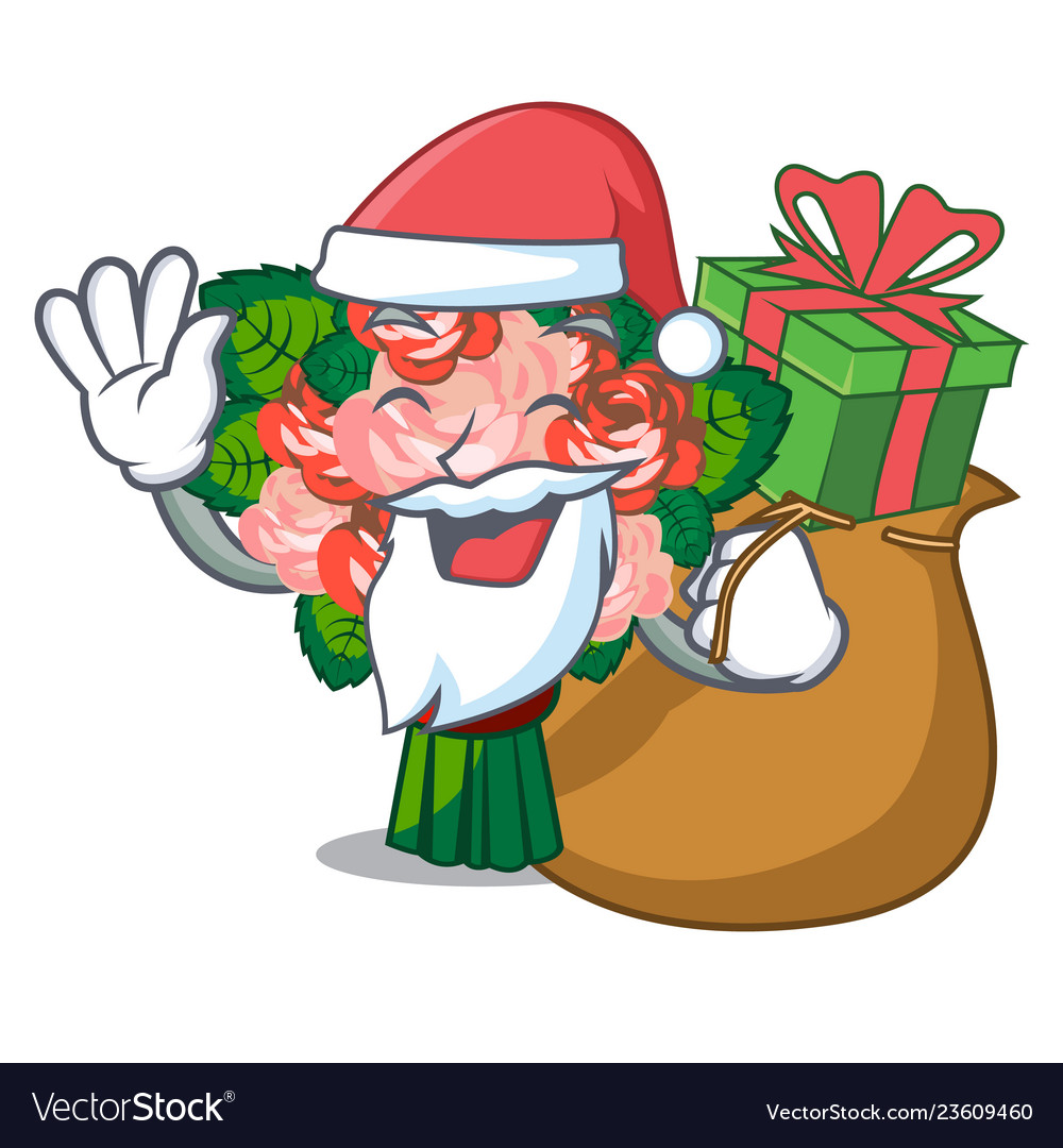 Santa with gift flower bouquet placed on glass