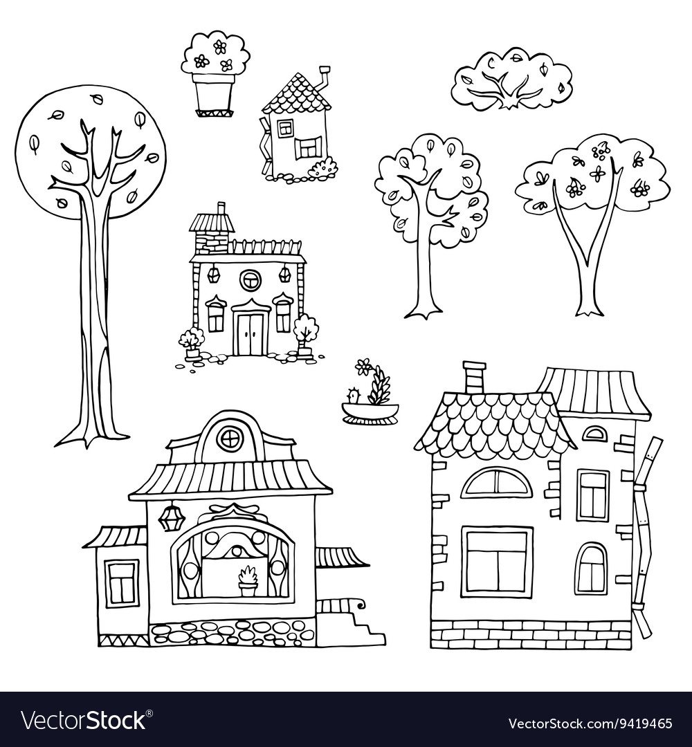 Handgezeichnetes Haus und Baum-Doodles Sammlung