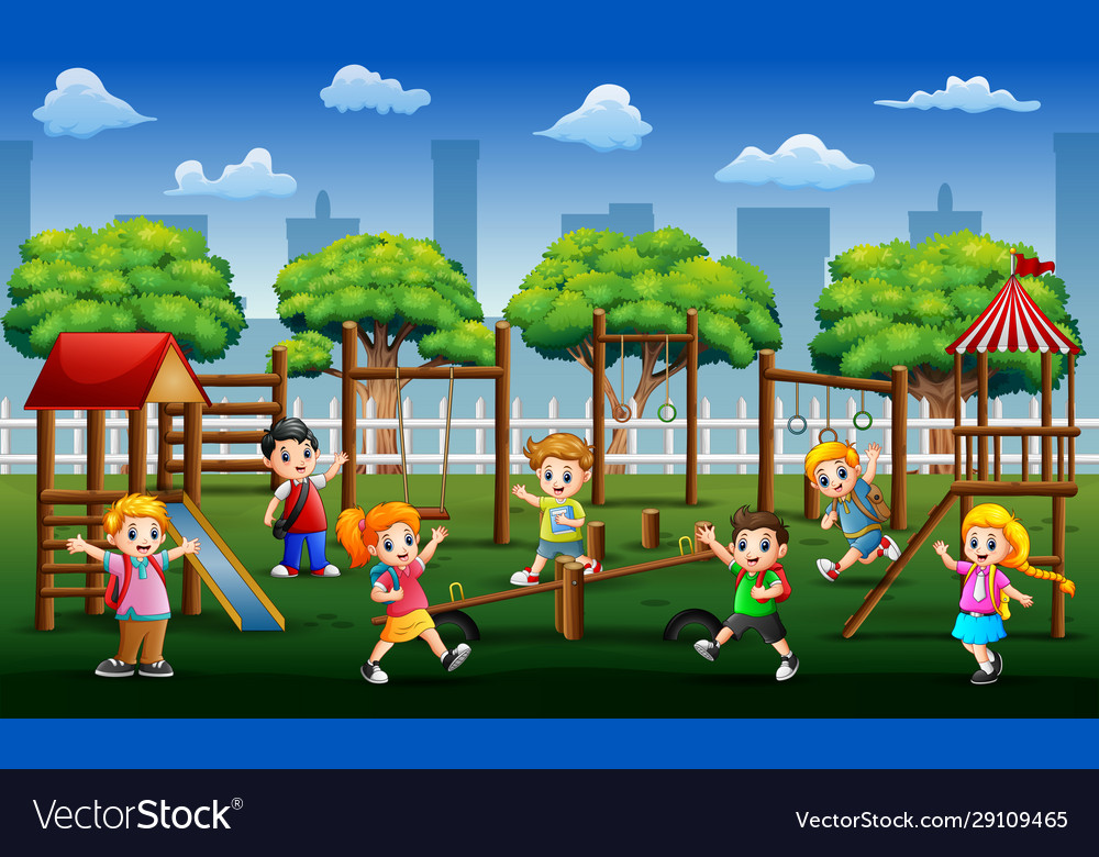 Happy school children playing in public park Vector Image