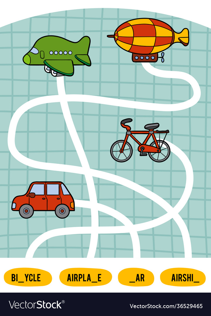 Maze game for children set transport objects vector image Maze game for children set transport objects