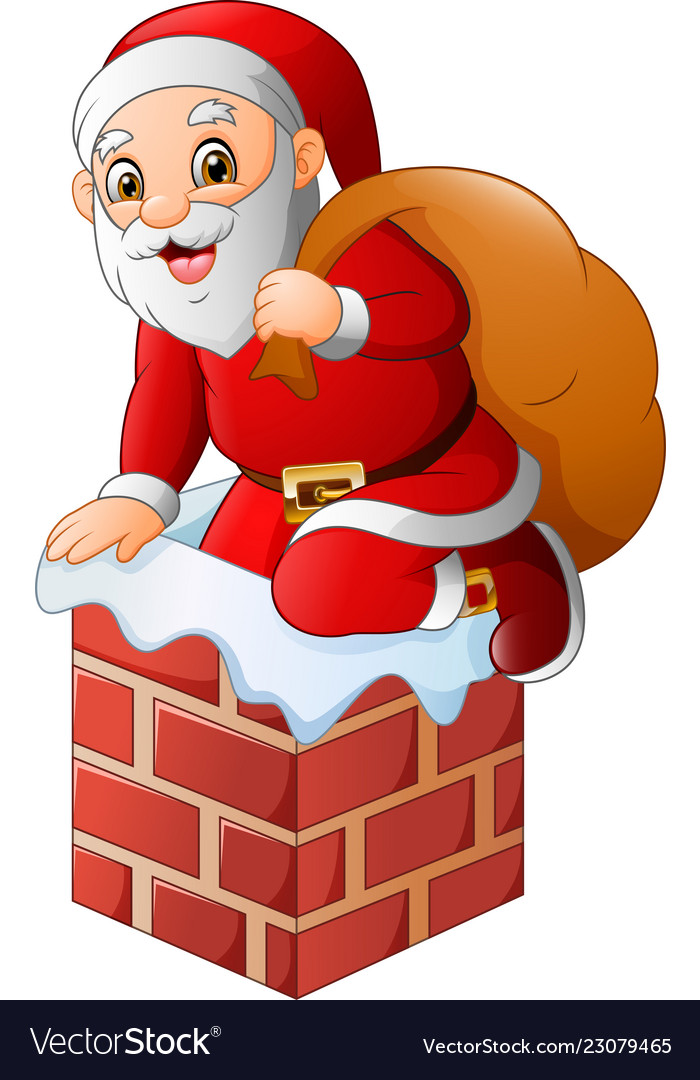 Santa claus on the house roof chimney with bag of Vector Image