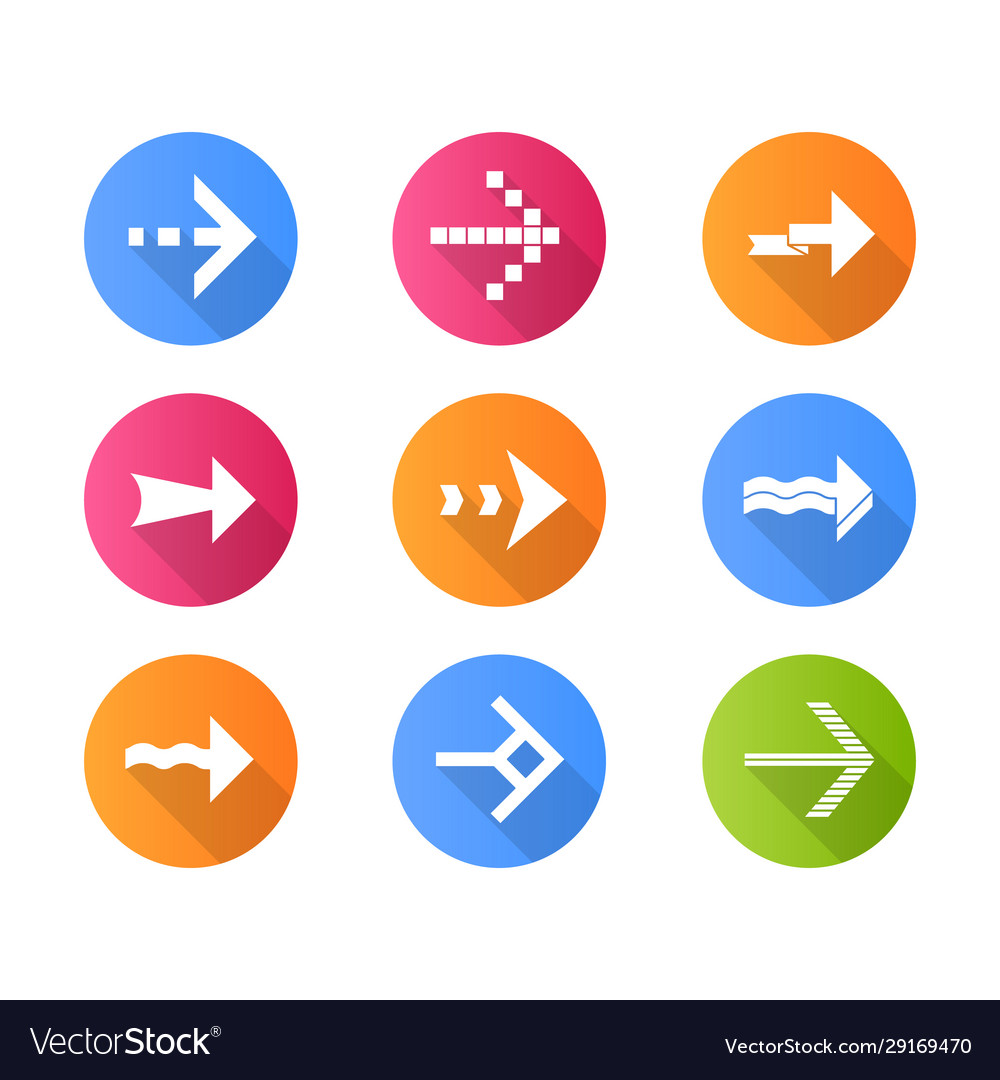 Arrows flat design long shadow glyph icons set