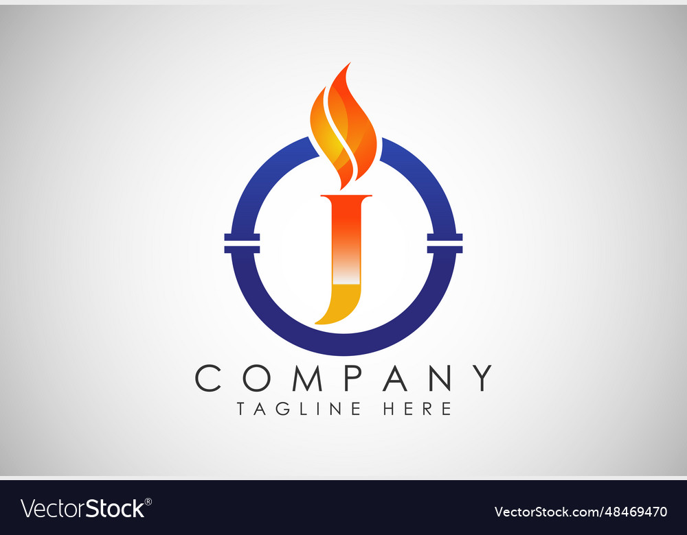 English alphabet j with fire flame and pipe oil Vector Image