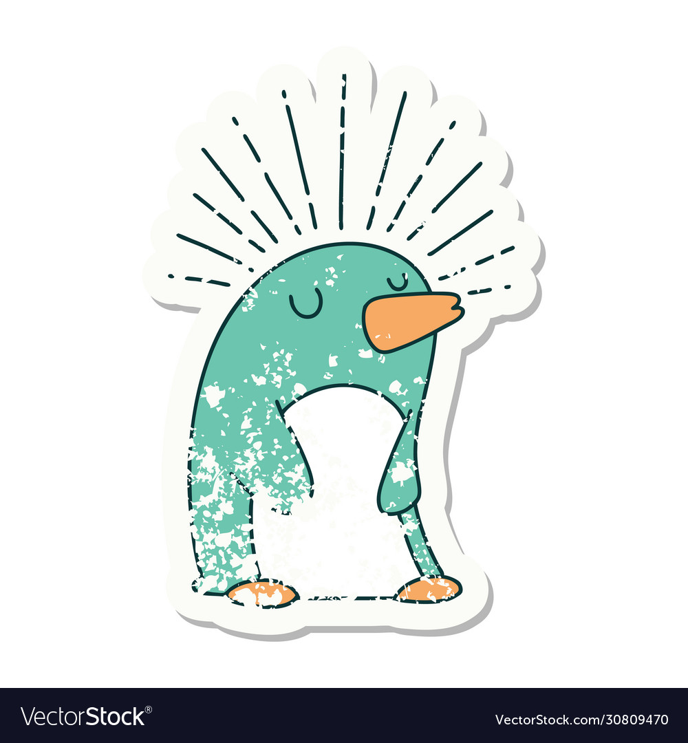 Grunge sticker tattoo style happy penguin Vector Image