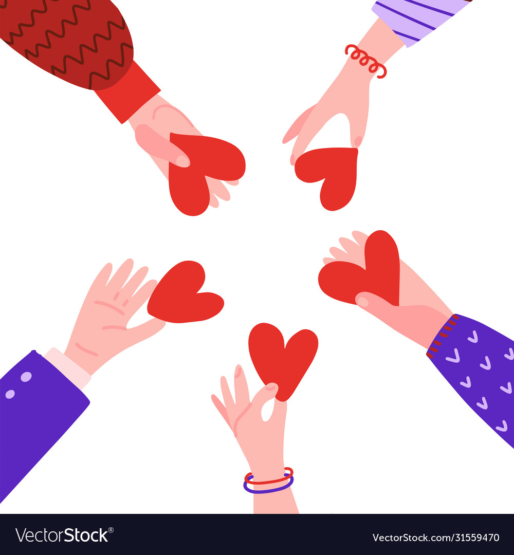 Hands in circle with hearts friendship concept