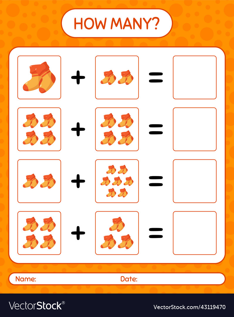How many counting game with sock worksheet Vector Image How many counting game with sock worksheet