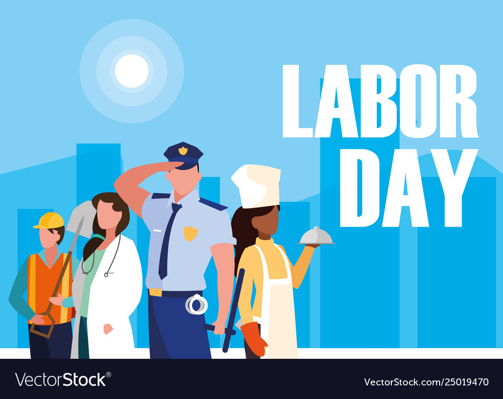 Labour day with group professionals and cityscape Vector Image