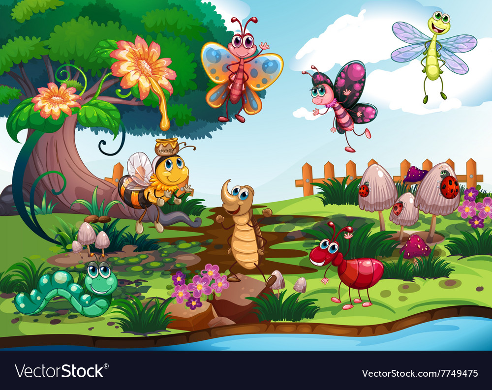 Butterflies and bugs in the garden Royalty Free Vector Image