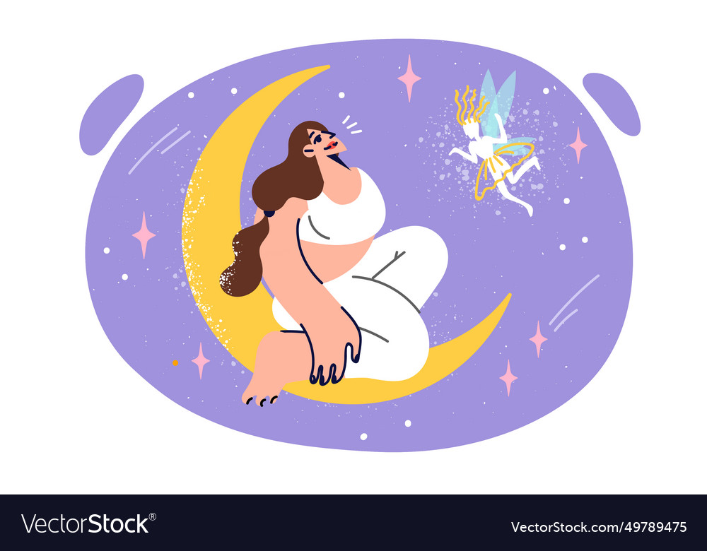 Dreaming woman sits on crescent moon in night sky