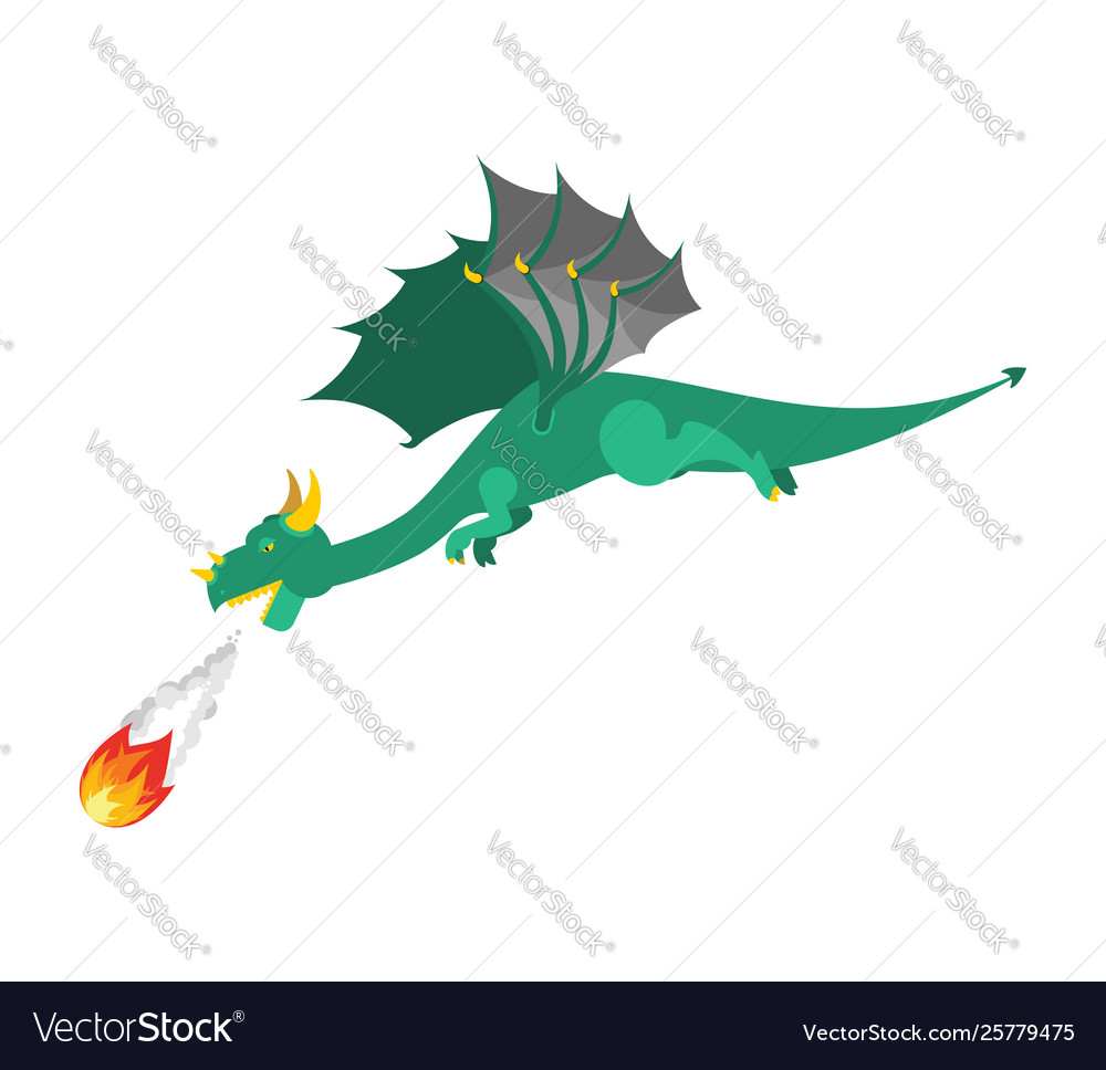 Green dragon flies and shoots fire mythical Vector Image