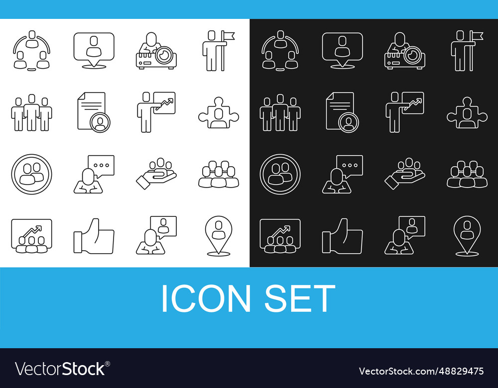 Set line worker location project team base media vector image Set line worker location project team base media