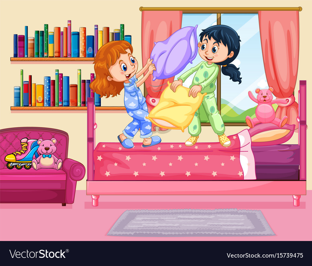 Two Girls Pillow Fighting In Bedroom Royalty Free Vector
