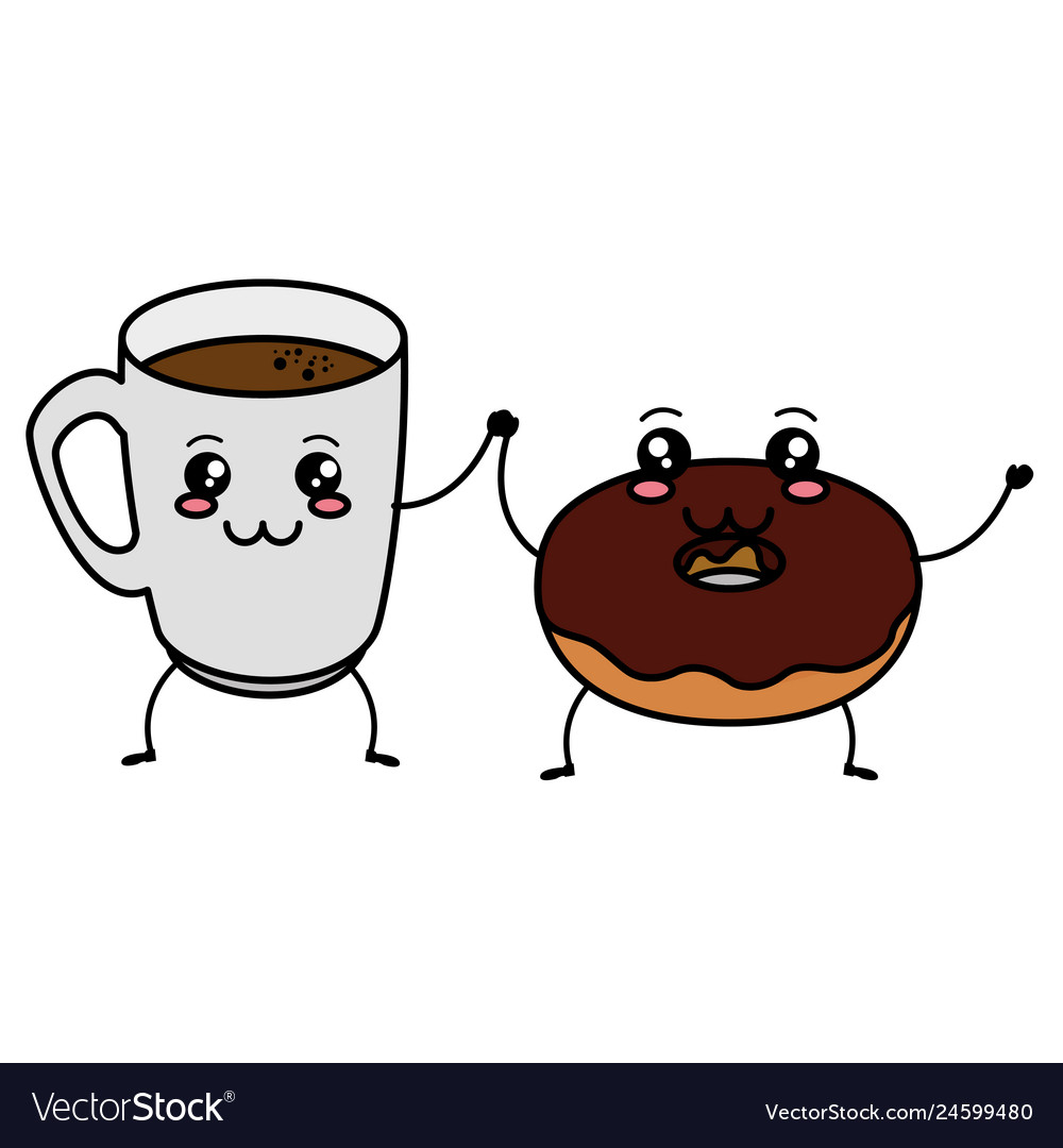 Coffee cup with sweet donuts kawaii characters Vector Image