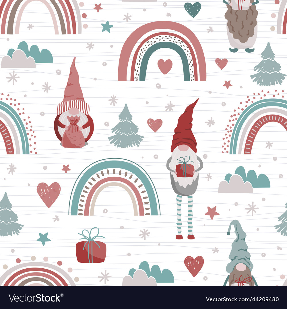 Cute christmas gnomes and rainbows seamless vector image Cute christmas gnomes and rainbows seamless