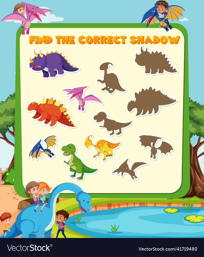 Find the correct shadow game template of dinosaur vector image Find the correct shadow game template of dinosaur