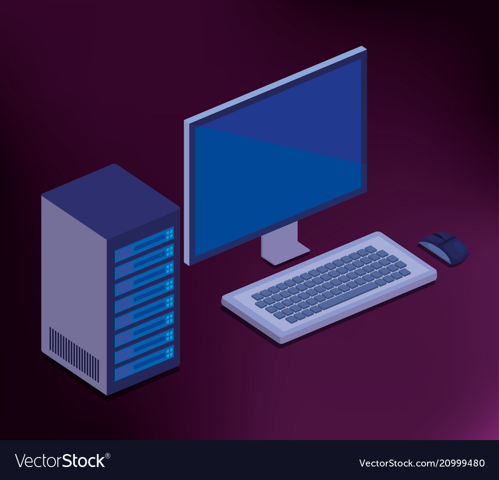 Isometric computer desktop digital technology vector image Isometric computer desktop digital technology