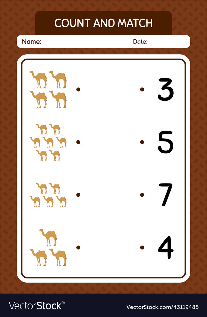 Count and match game with camel worksheet vector image Count and match game with camel worksheet