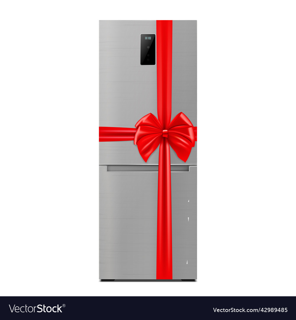 Stainless steel refrigerator with red ribbon