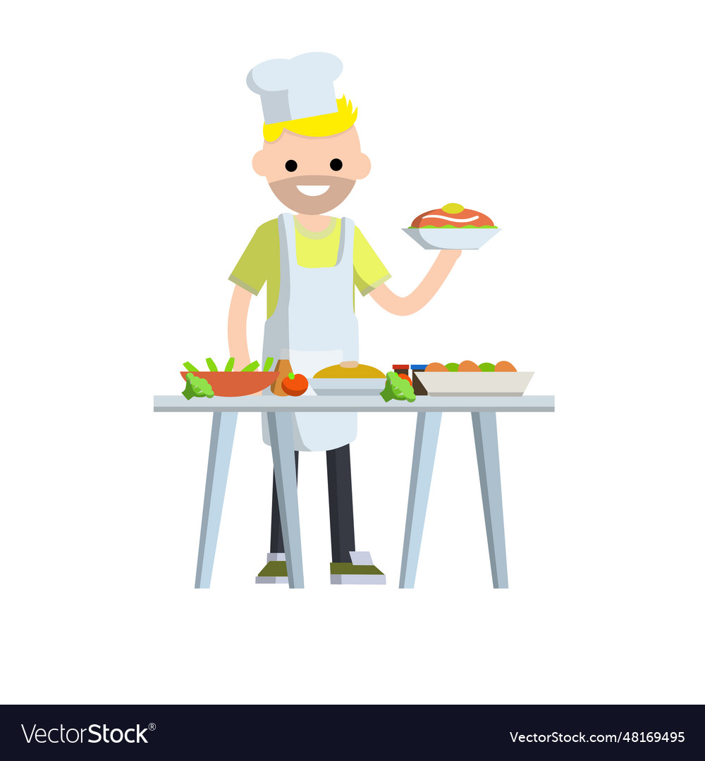 Flat man cook holding plate