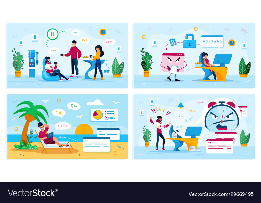 Programmers life scenes flat concepts set vector image Programmers life scenes flat concepts set