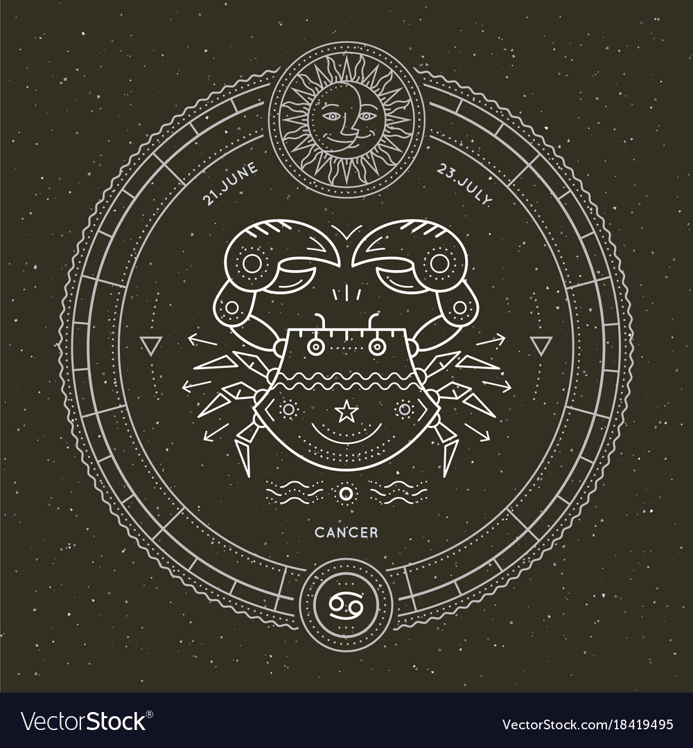 Retro Cancer Zodiac Label - Thin Line