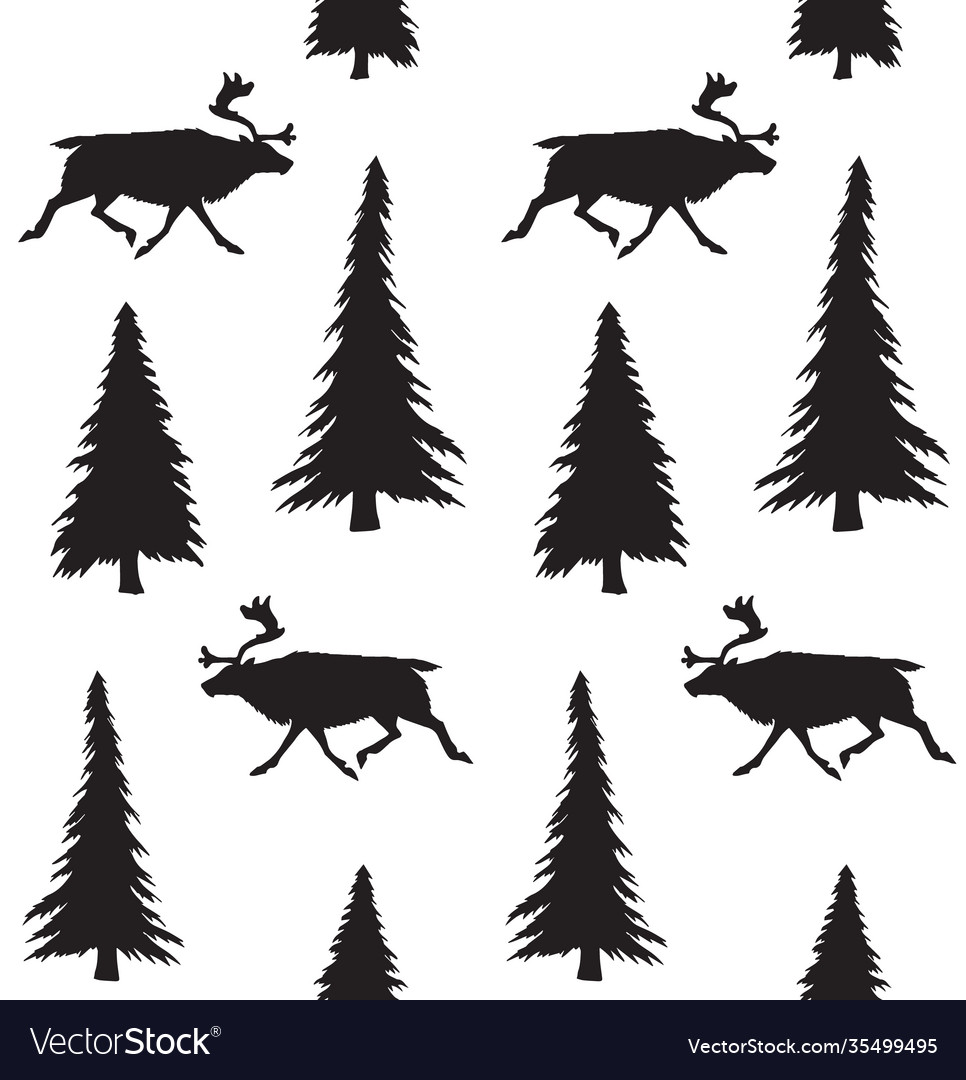 Seamless pattern deer tree silhouette