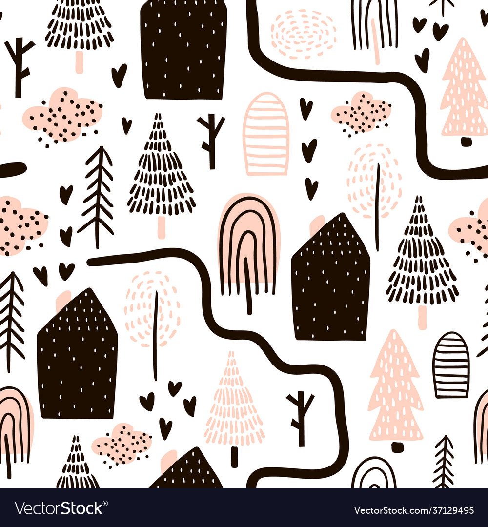Seamless pattern with trees houses forest