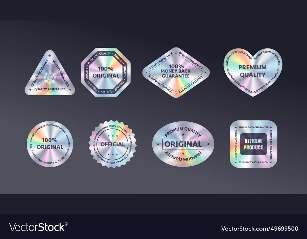 Holographic signs of product quality icons pack Vector Image