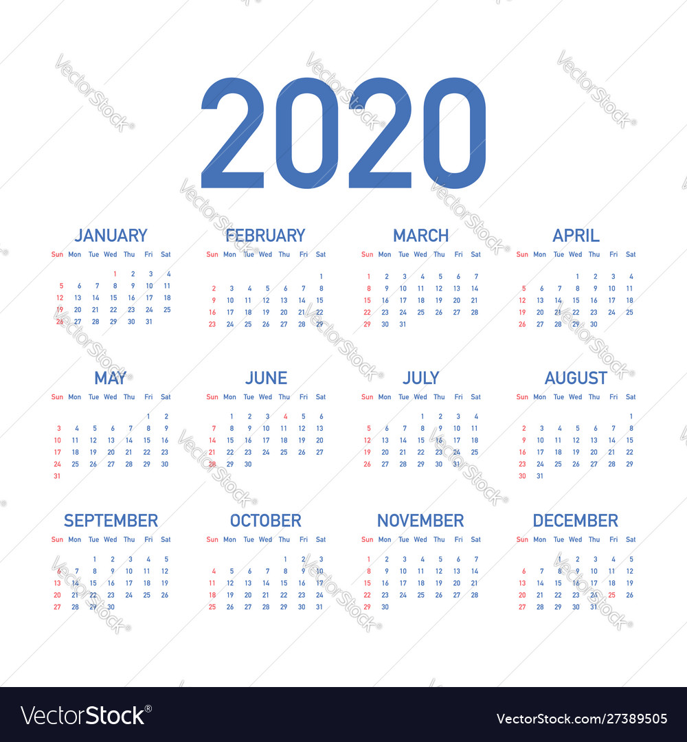 Calendar 2020 basic grid simple design template