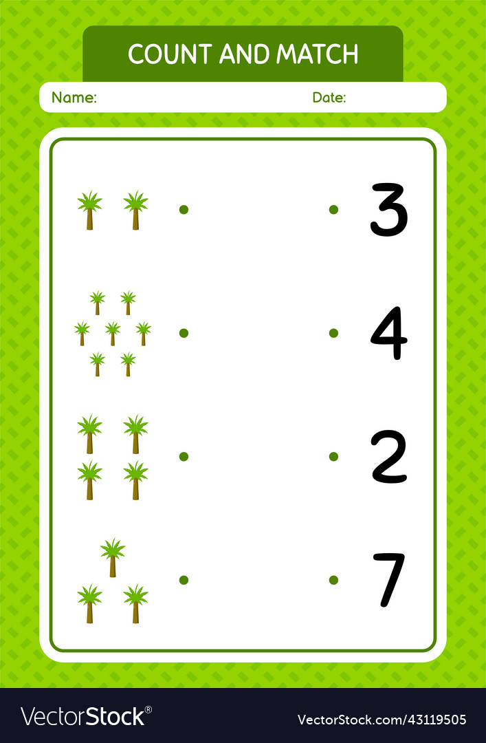 Count and match game with palm tree worksheet vector image Count and match game with palm tree worksheet