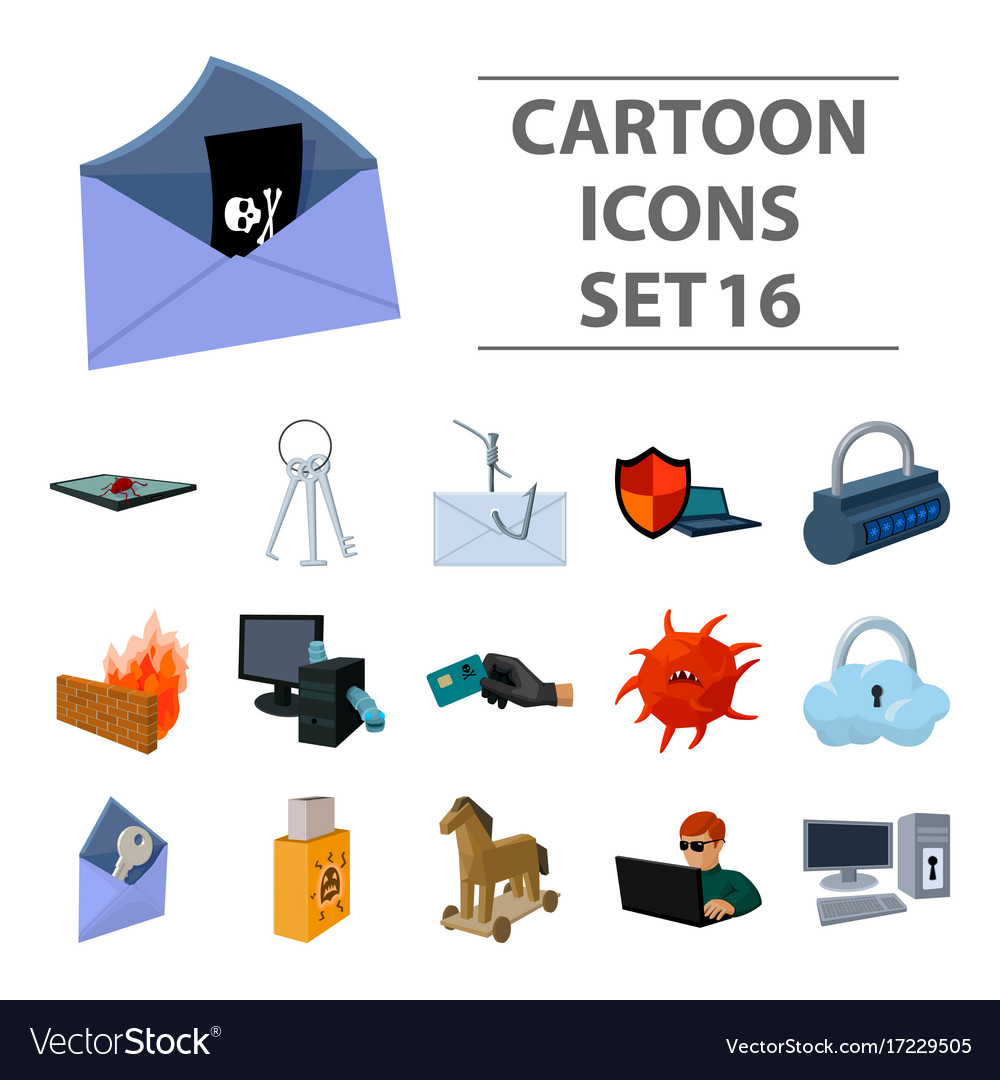 Hackers and hacking set icons in cartoon style