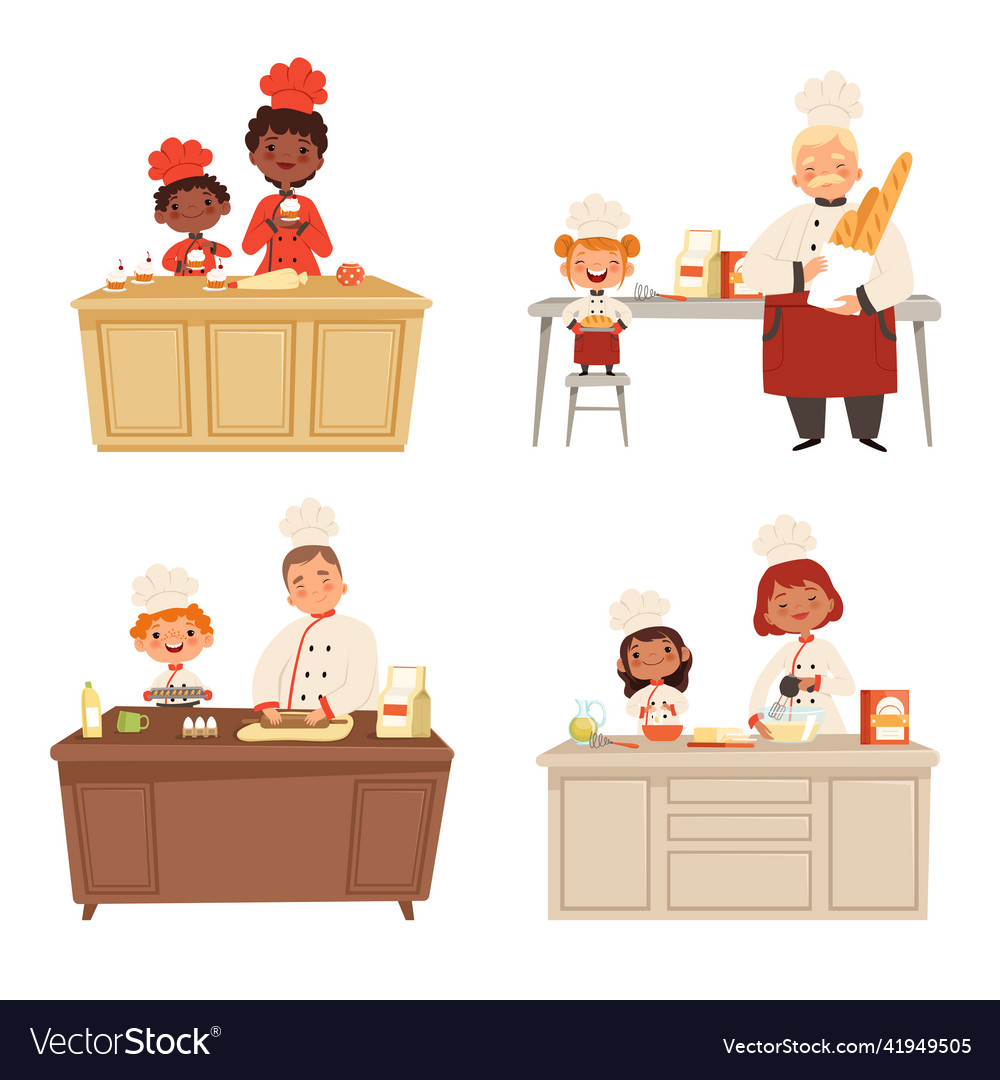 Kids cooking chef uniform making food with adults Vector Image Kids cooking chef uniform making food with adults
