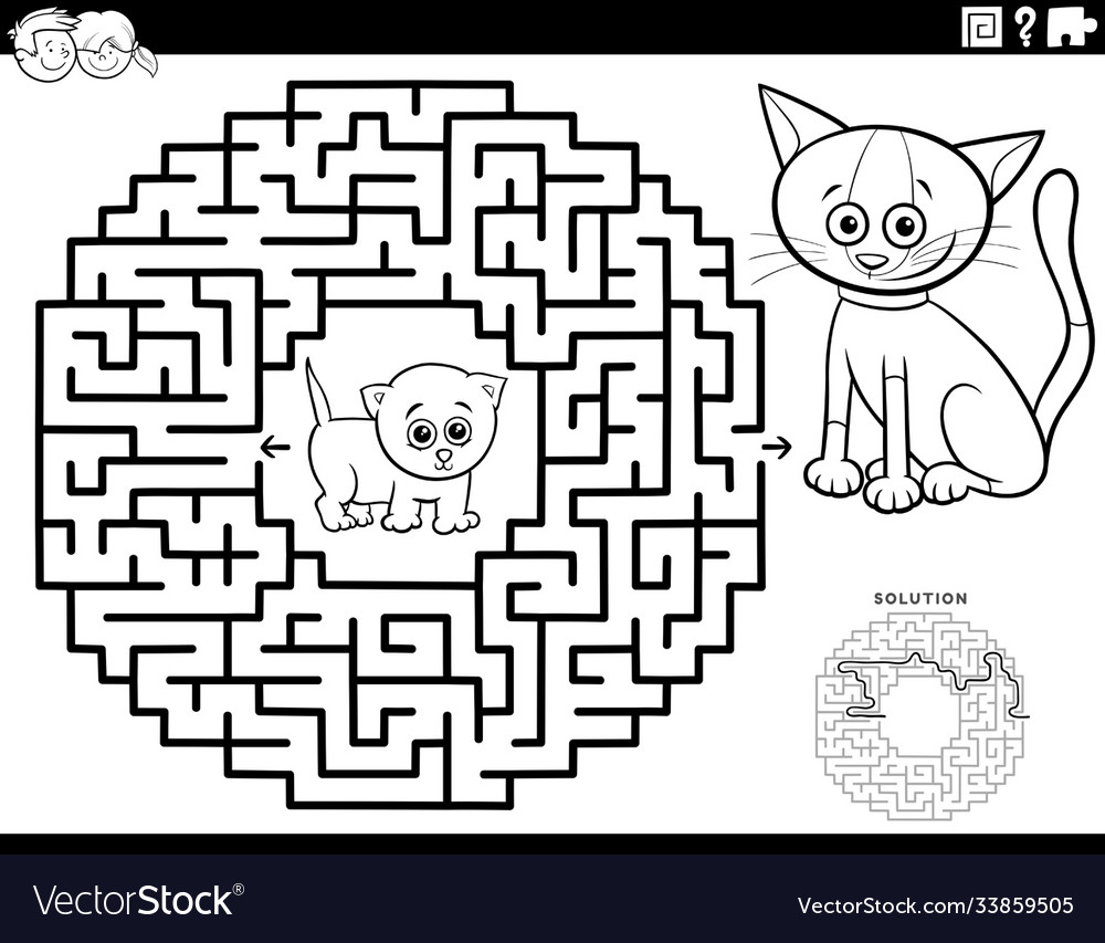 Maze game with kittens coloring book page vector image Maze game with kittens coloring book page