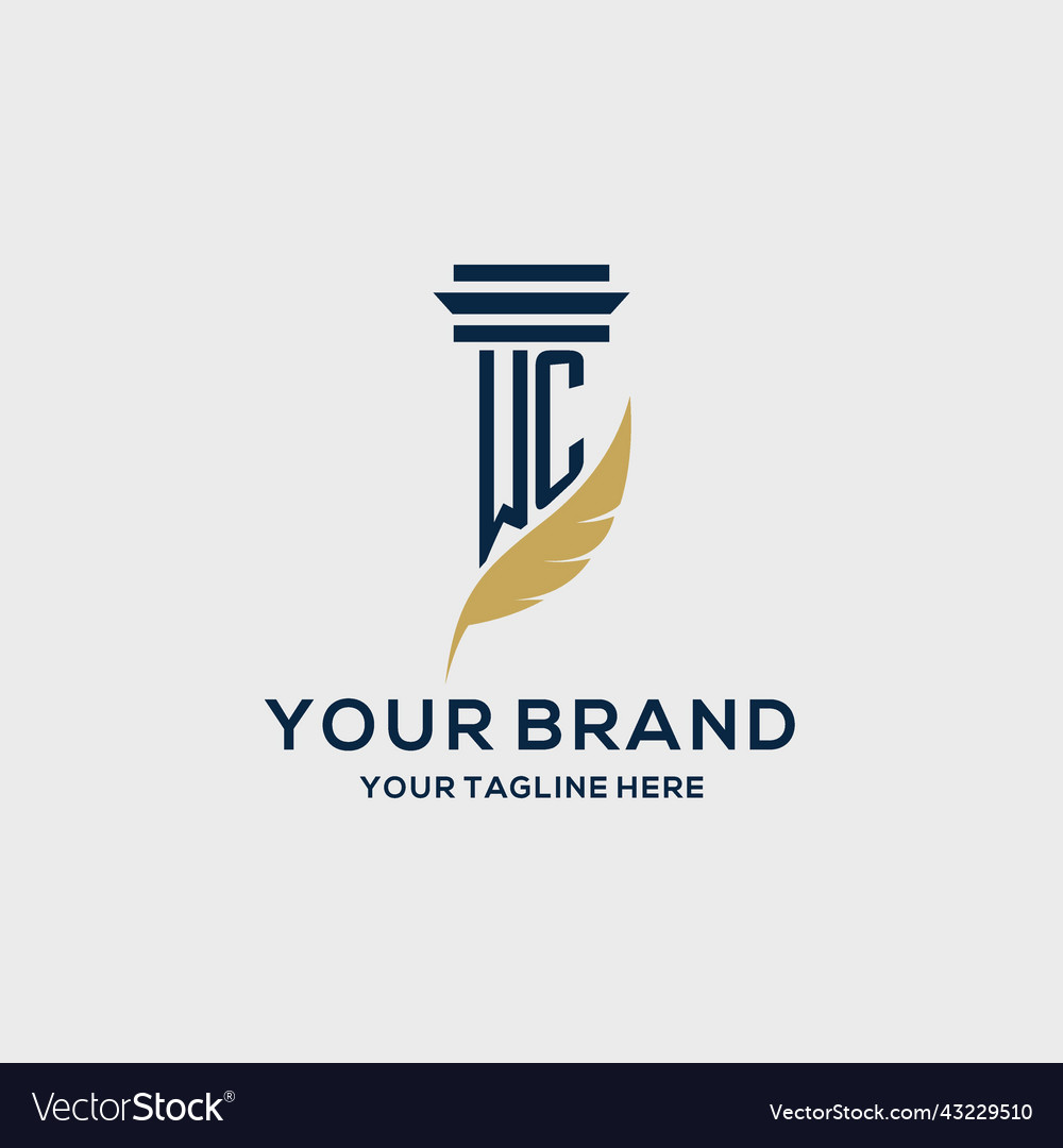 Wc monogram initial logo with pillar and feather