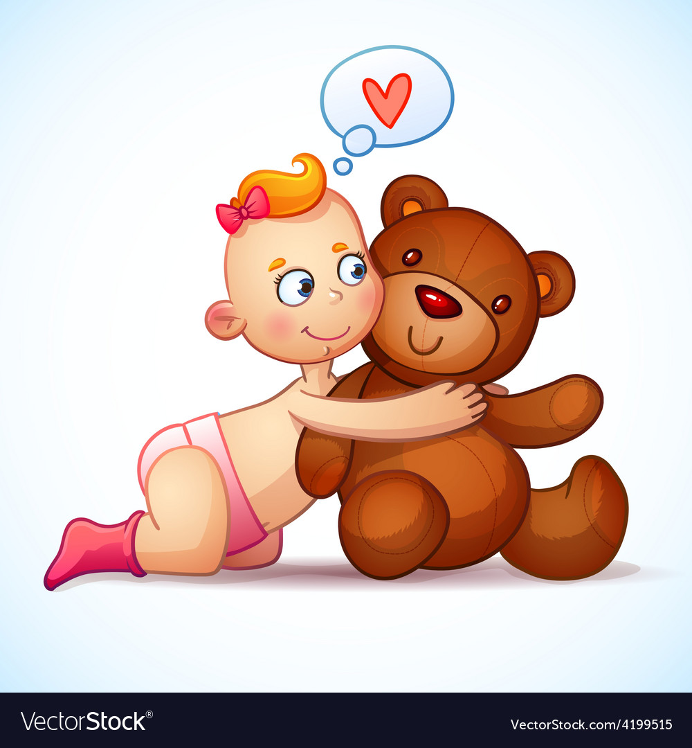 Baby girl redhead hugs teddy bear toy on a white