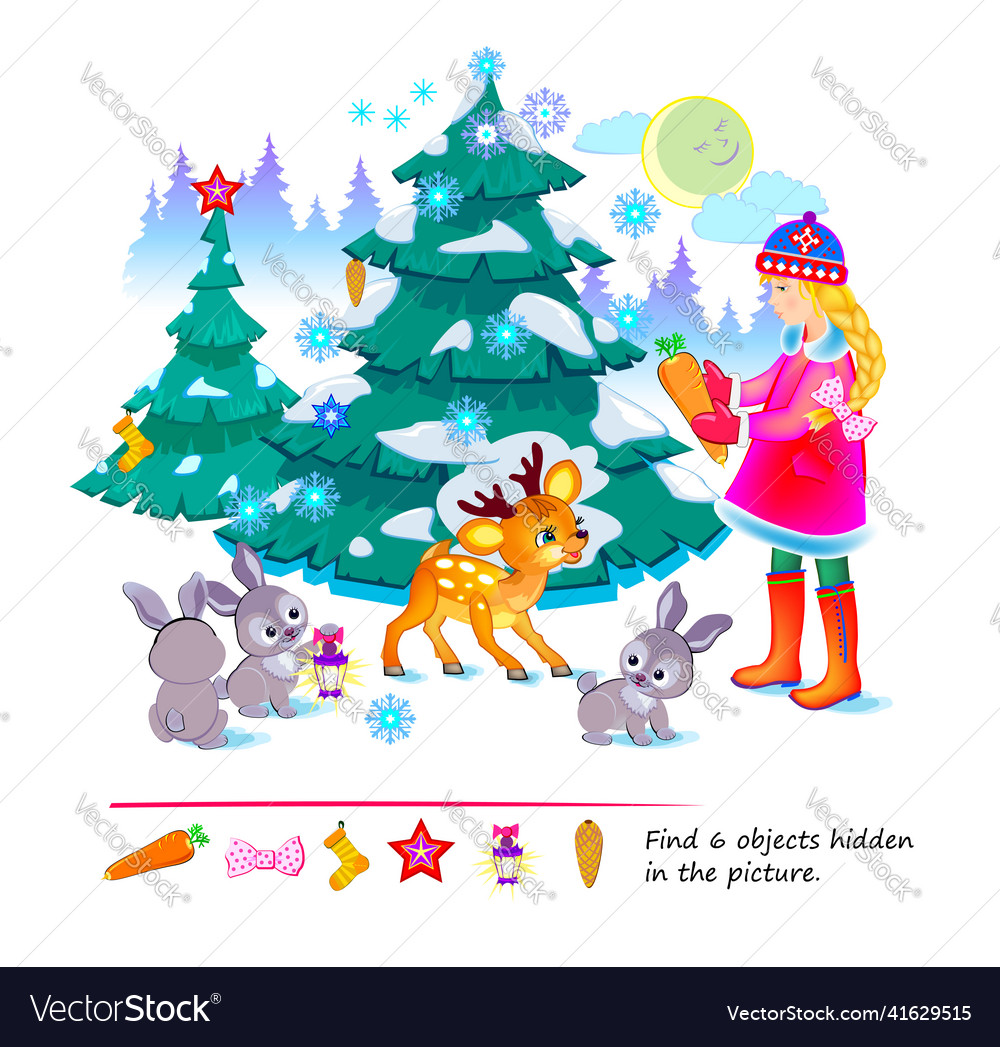 Logic puzzle game for kids find 6 objects hidden vector image Logic puzzle game for kids find 6 objects hidden