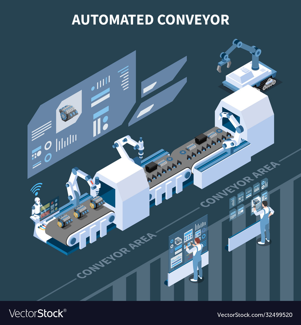 Automated conveyor isometric composition Vector Image