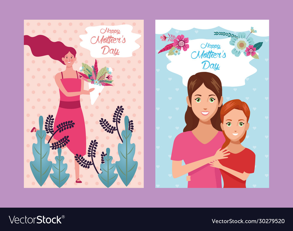 Beautiful mother with daughter and floral frame Vector Image