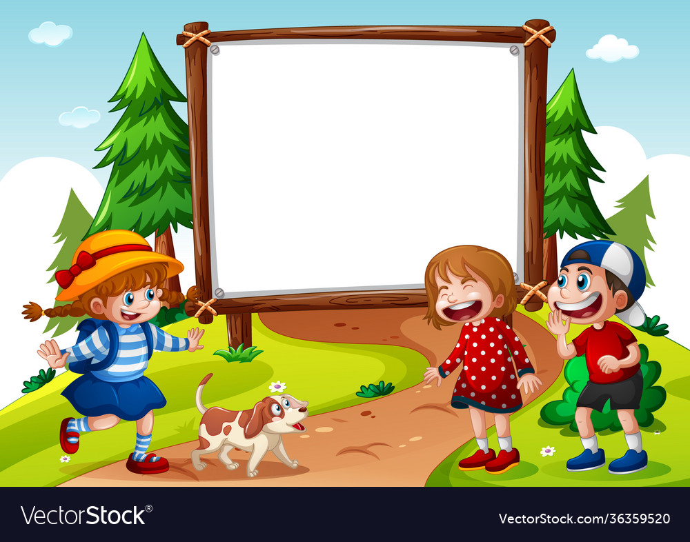 Blank banner with three kids in nature scene