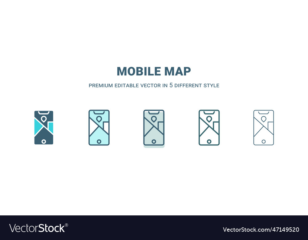 Mobile map icon in 5 different style outline Vector Image Mobile map icon in 5 different style outline